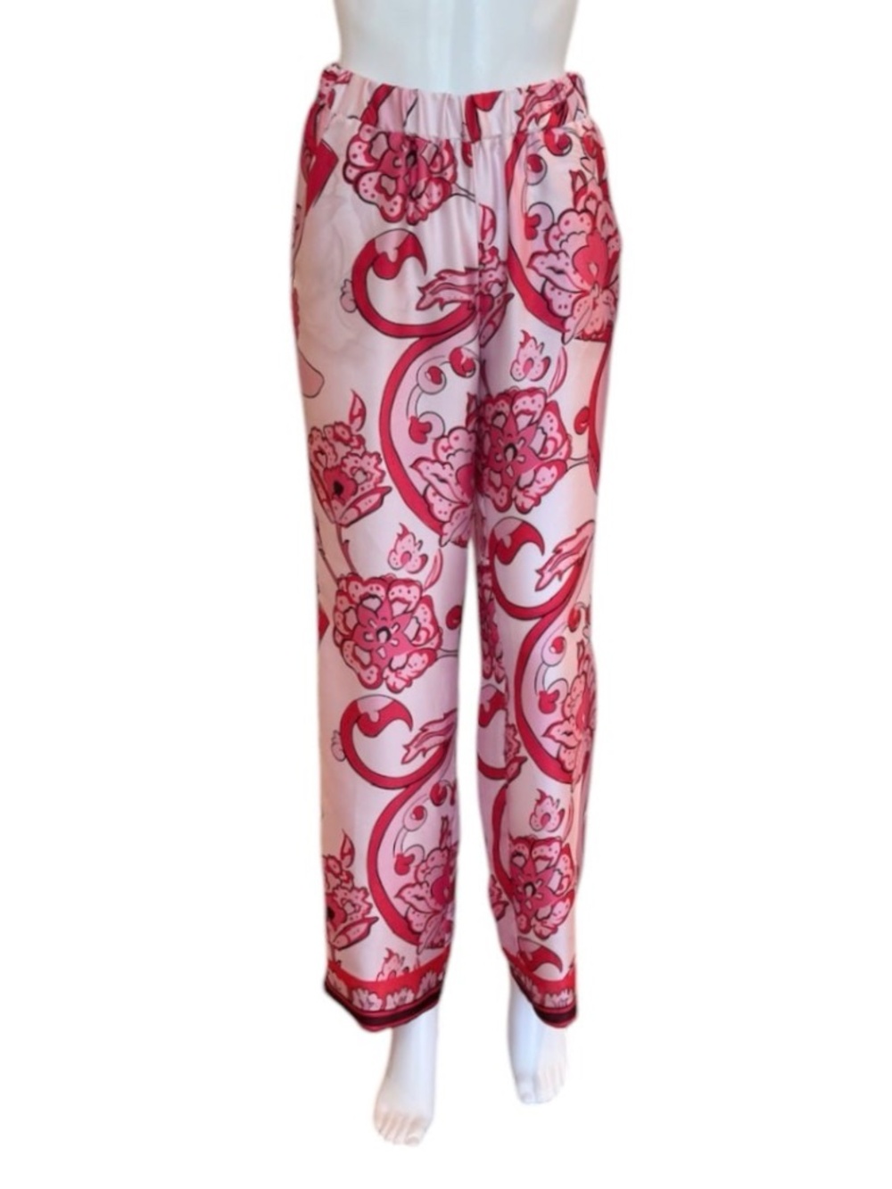 Pink Paisley Wide Leg Pants Satin Feel Elastic Waist Resort Vacation Statement